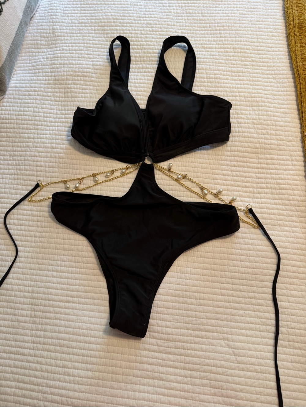 SHEIN Black One-Piece Swimsuit with Gold Chain Accents